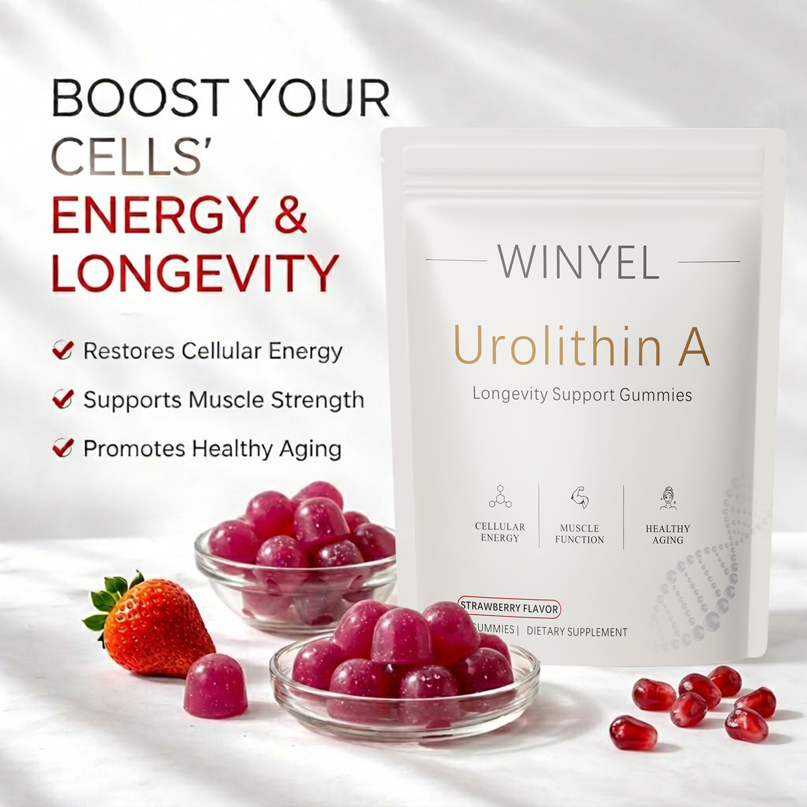 Gomitas suplementarias de urolitina A WINYEL: para un envejecimiento saludable, energía celular y fuerza muscular