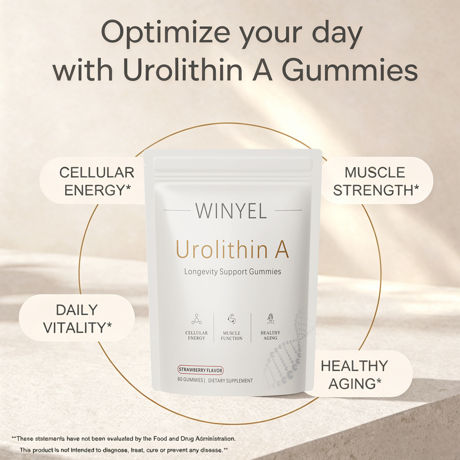 Gomitas suplementarias de urolitina A WINYEL: para un envejecimiento saludable, energía celular y fuerza muscular