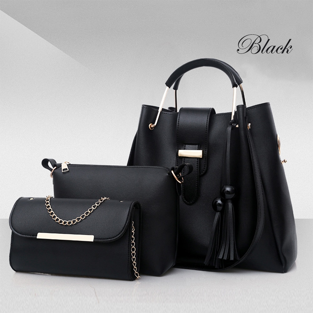 Women 3Pcs Or Set Handbags PU Leather Shoulder Bags Casual Tote Bag Tassel Metal Handle