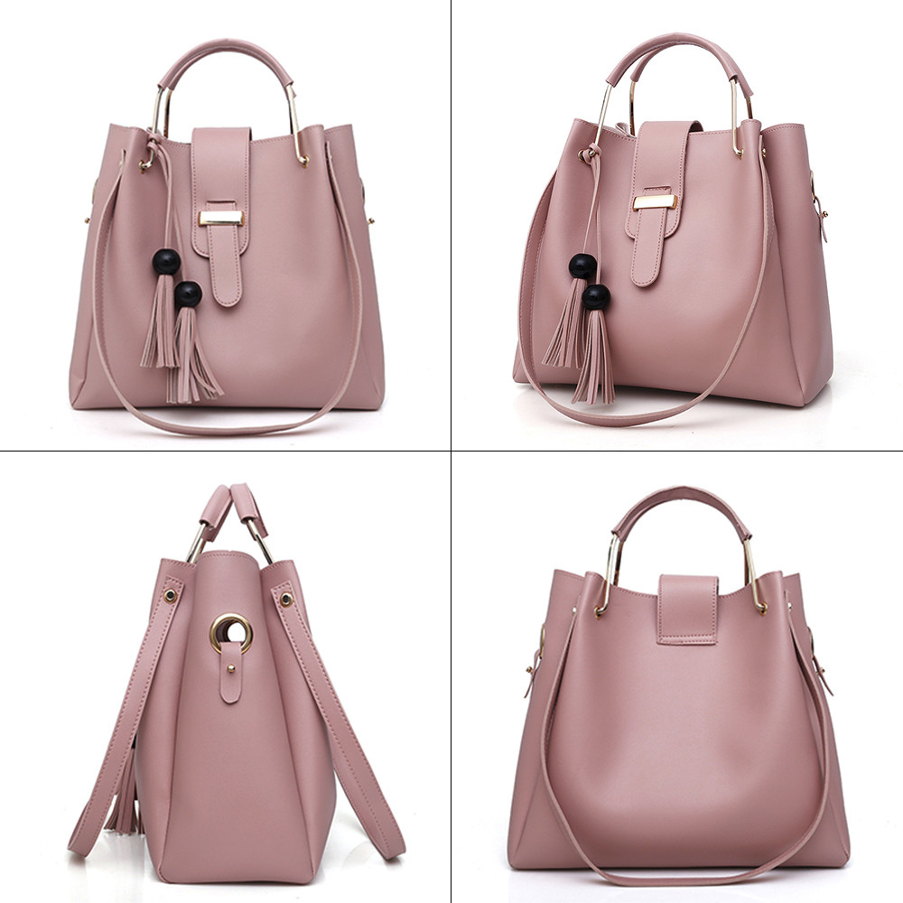 Women 3Pcs Or Set Handbags PU Leather Shoulder Bags Casual Tote Bag Tassel Metal Handle