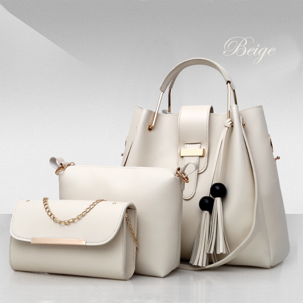 Women 3Pcs Or Set Handbags PU Leather Shoulder Bags Casual Tote Bag Tassel Metal Handle