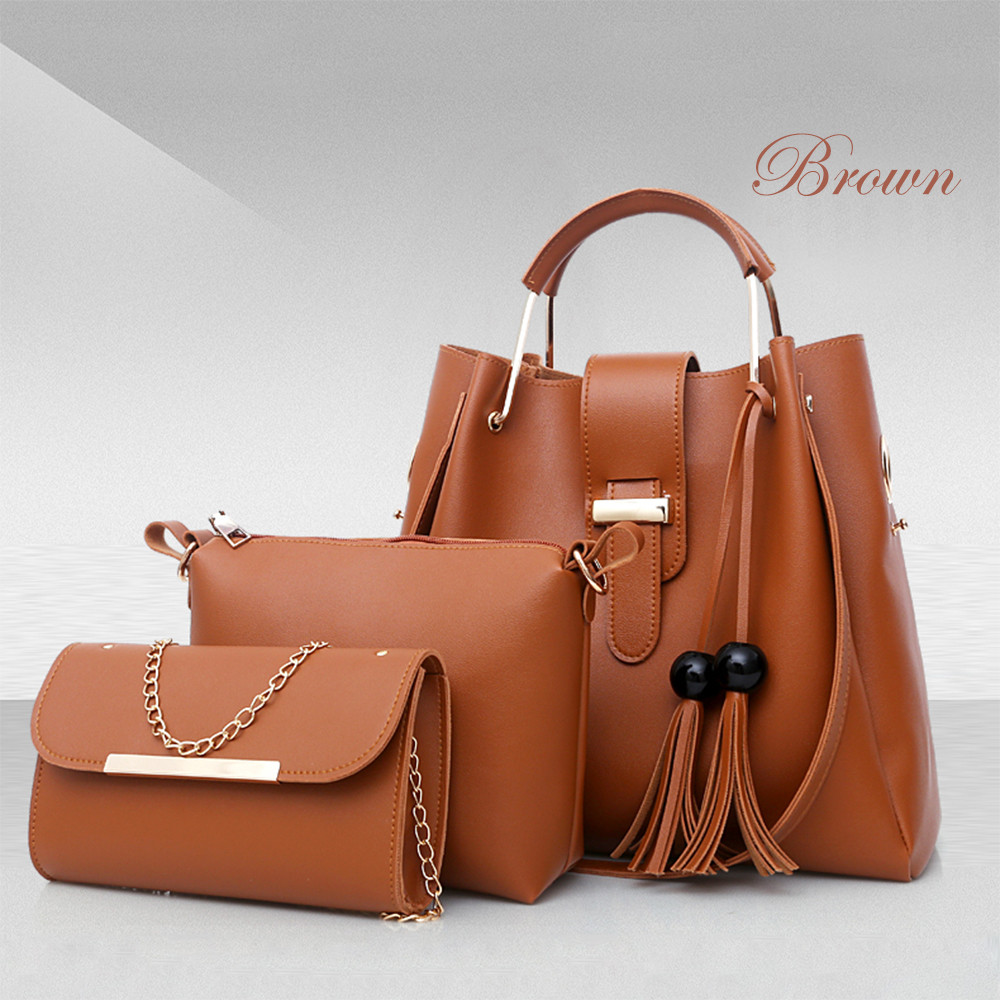 Women 3Pcs Or Set Handbags PU Leather Shoulder Bags Casual Tote Bag Tassel Metal Handle