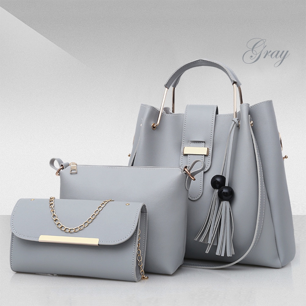 Women 3Pcs Or Set Handbags PU Leather Shoulder Bags Casual Tote Bag Tassel Metal Handle