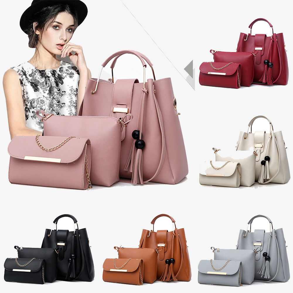 Women 3Pcs Or Set Handbags PU Leather Shoulder Bags Casual Tote Bag Tassel Metal Handle