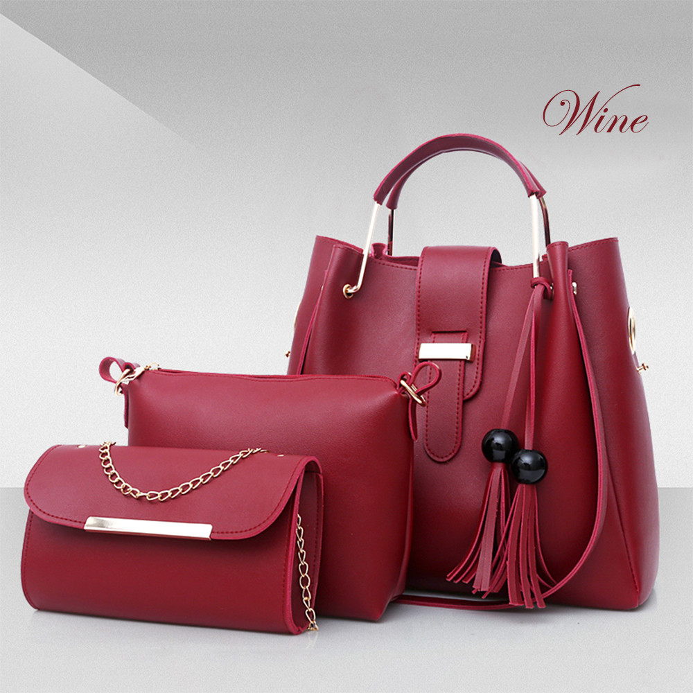 Women 3Pcs Or Set Handbags PU Leather Shoulder Bags Casual Tote Bag Tassel Metal Handle