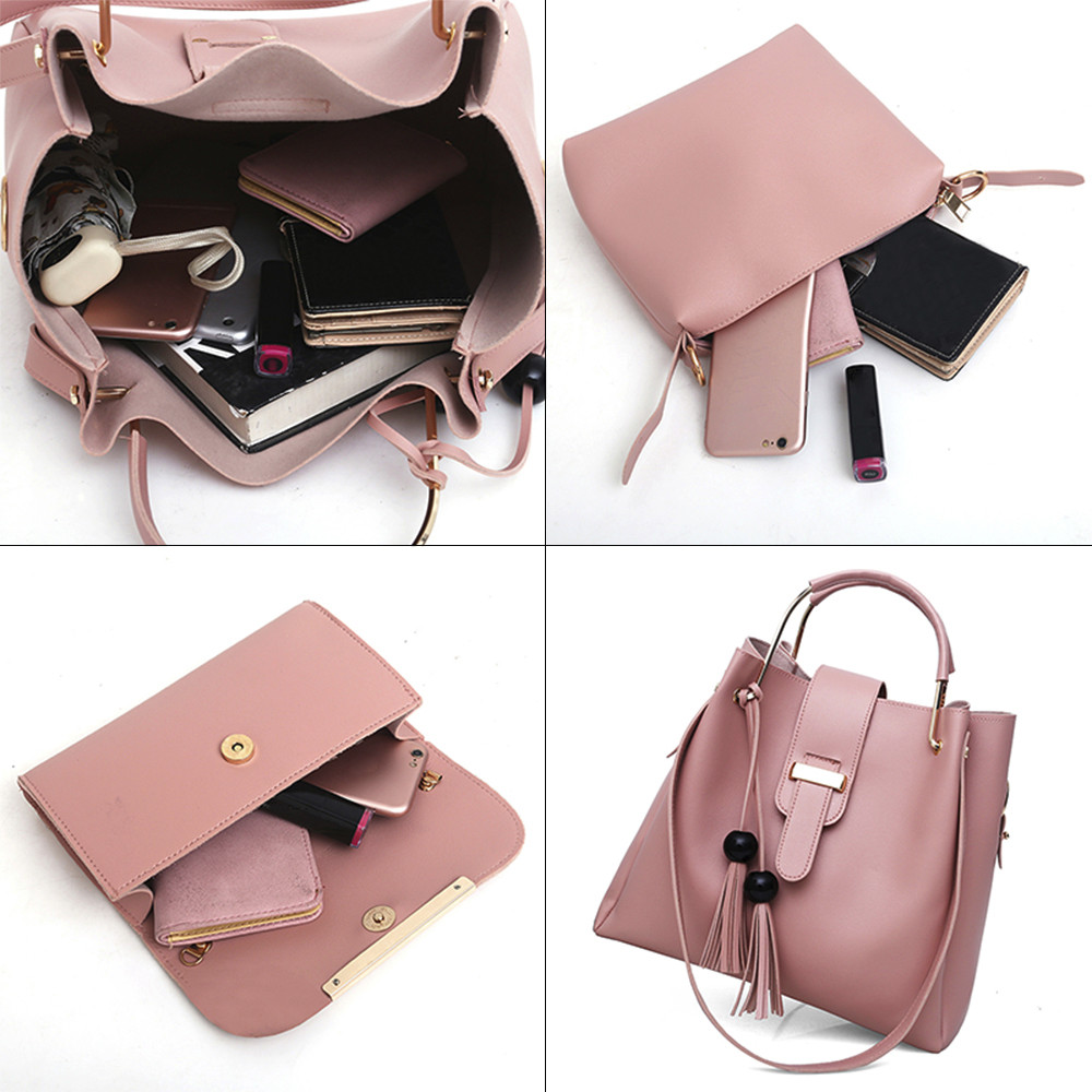 Women 3Pcs Or Set Handbags PU Leather Shoulder Bags Casual Tote Bag Tassel Metal Handle
