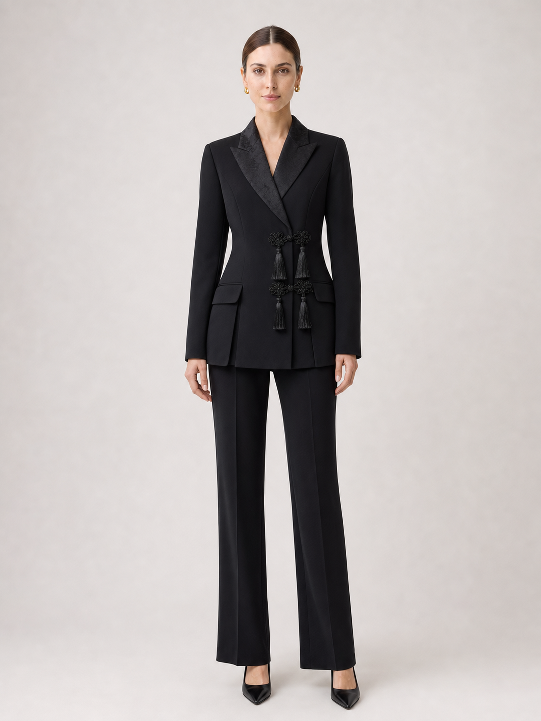 Women Blazers Suit Set With Chinese Knot Tassel
