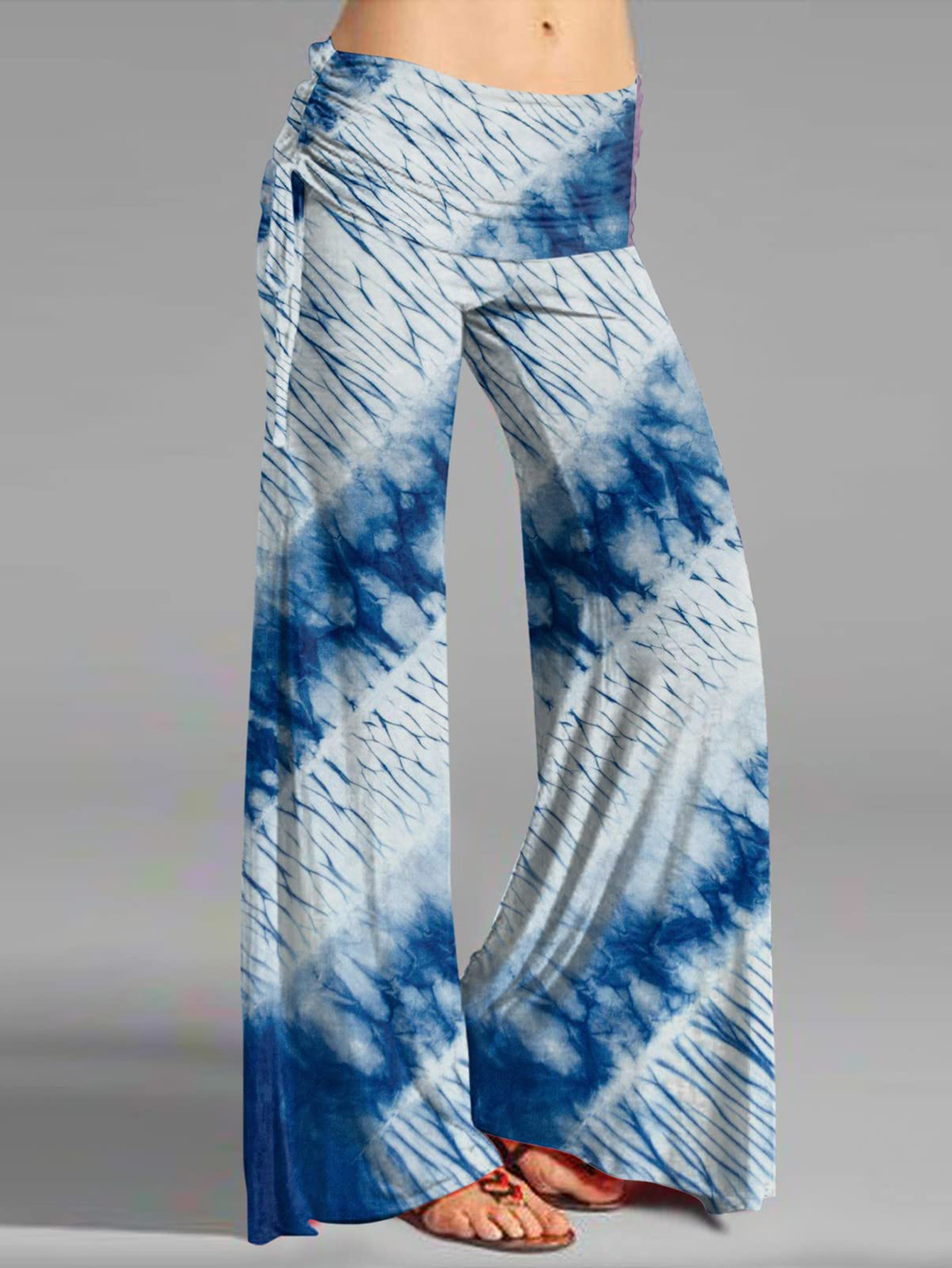 Women Blue Tie Dye Flare Pants Fold Over High Waist Wide Leg Stretch Bohemian Casual Bell