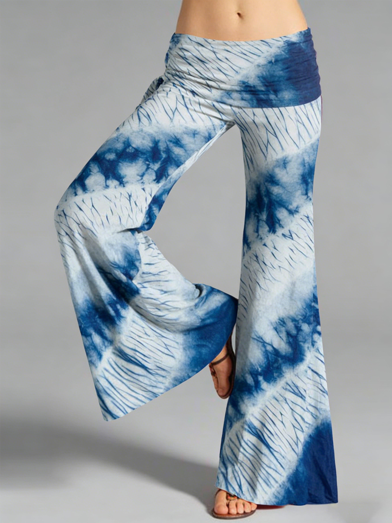 Women Blue Tie Dye Flare Pants Fold Over High Waist Wide Leg Stretch Bohemian Casual Bell