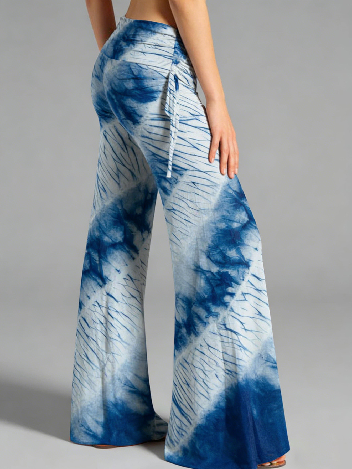 Women Blue Tie Dye Flare Pants Fold Over High Waist Wide Leg Stretch Bohemian Casual Bell