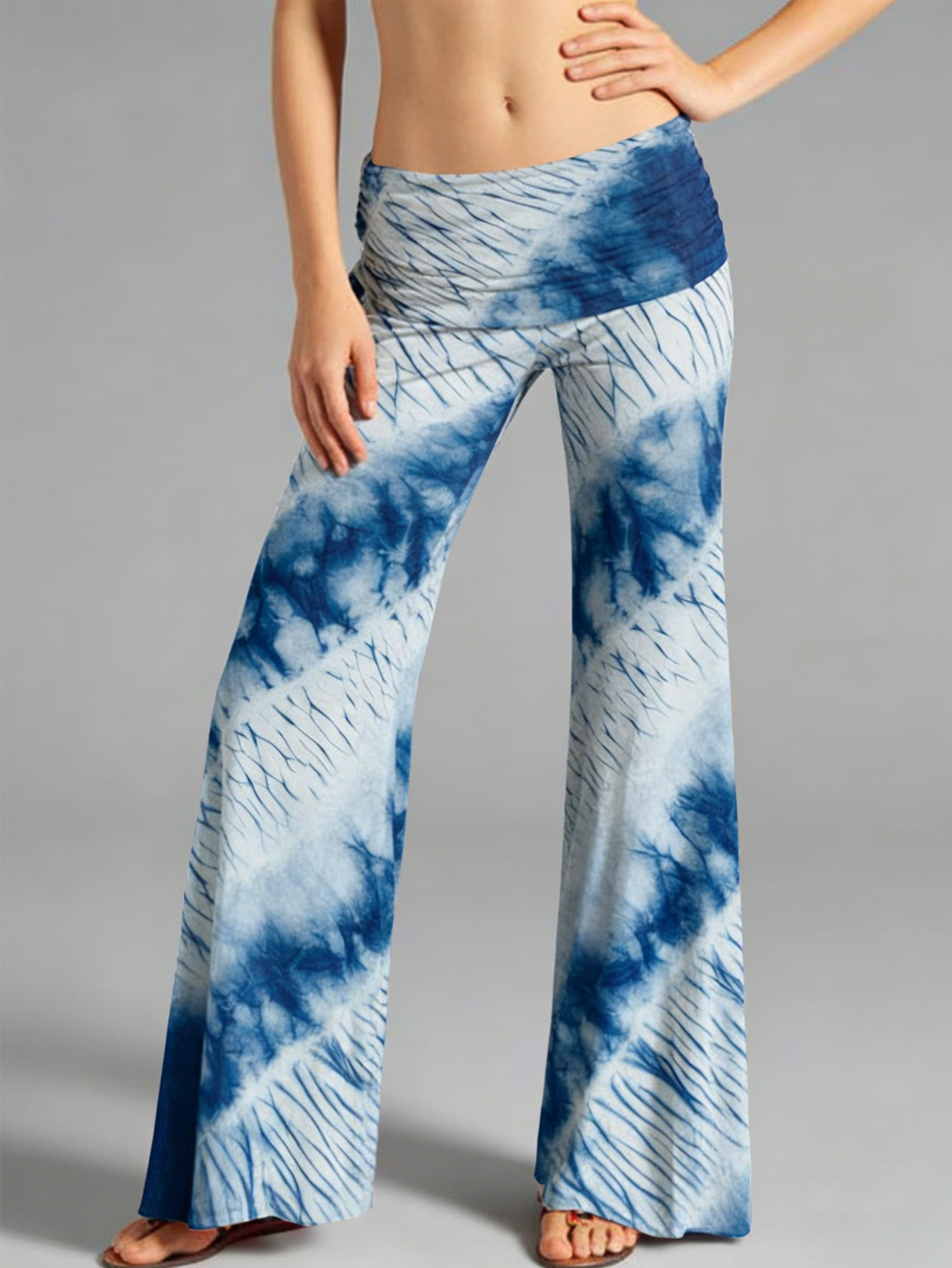 Women Blue Tie Dye Flare Pants Fold Over High Waist Wide Leg Stretch Bohemian Casual Bell