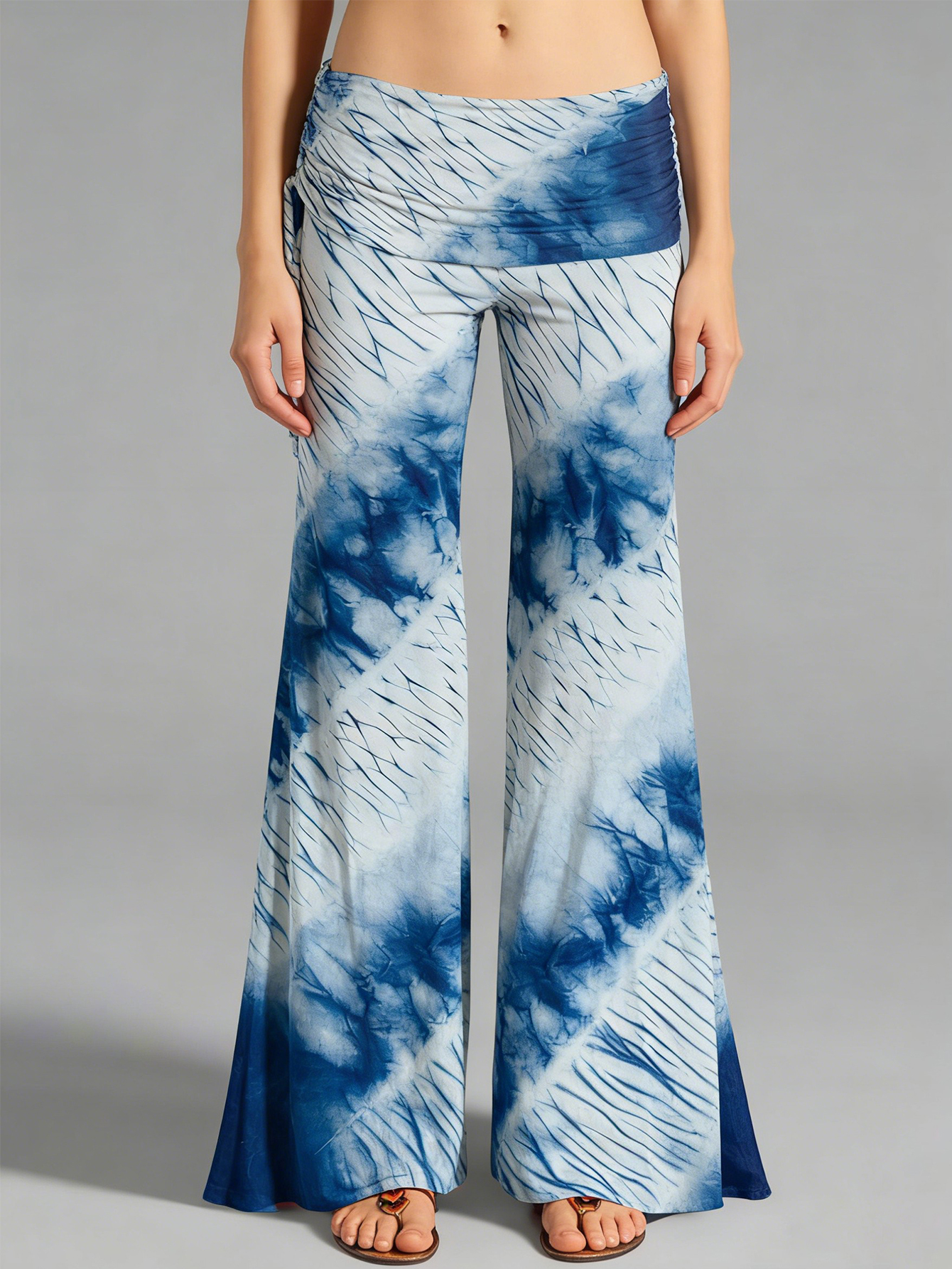 Women Blue Tie Dye Flare Pants Fold Over High Waist Wide Leg Stretch Bohemian Casual Bell