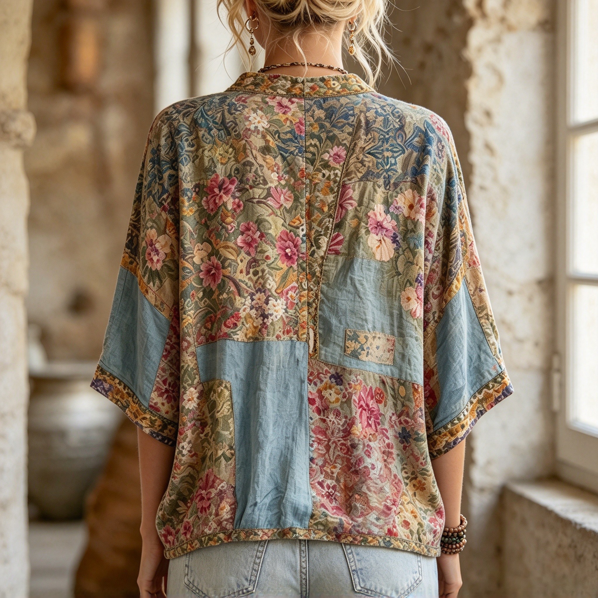Camicetta tessuta con maniche a pipistrello corta con scollo a V patchwork floreale Boho da donna Top casual ampio