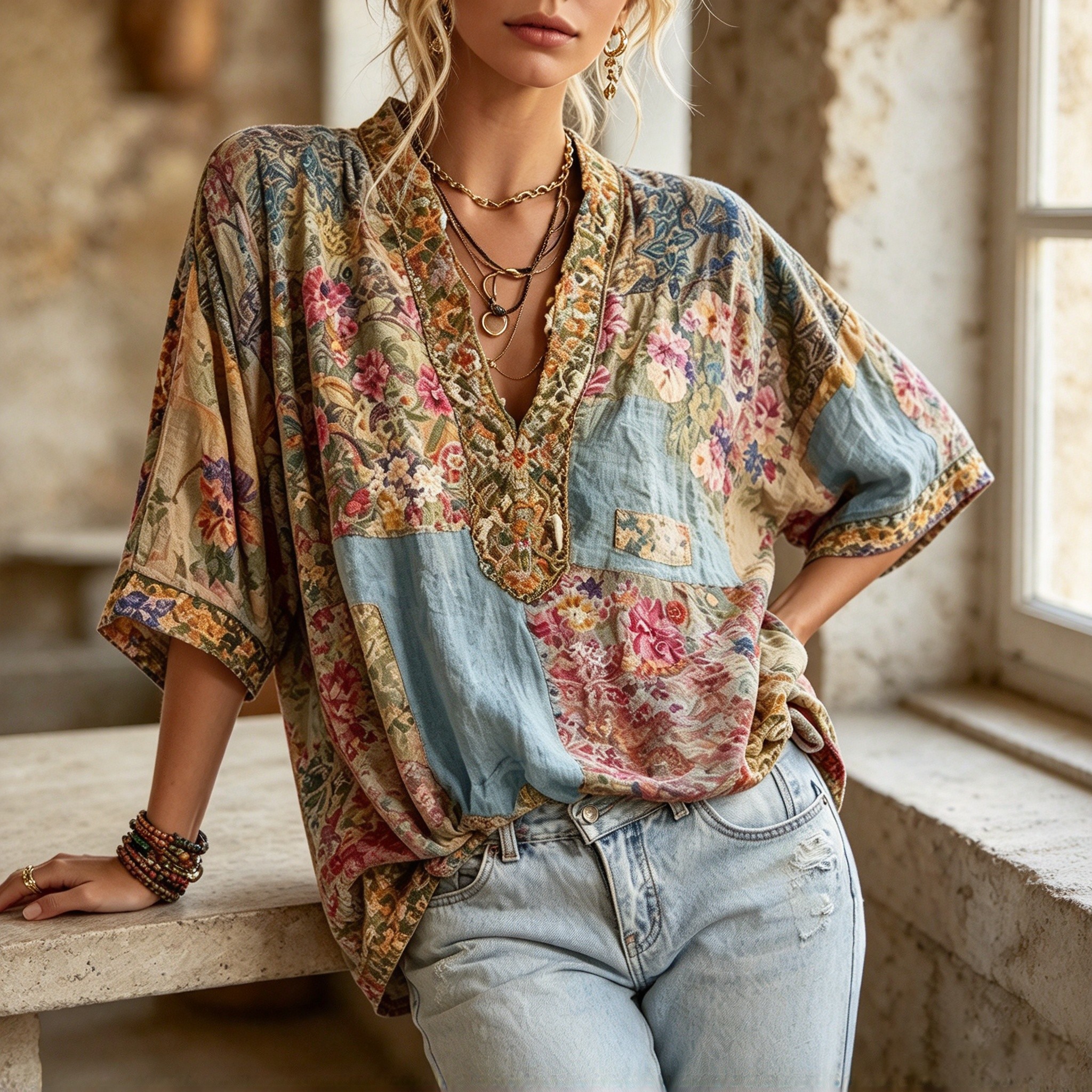 Camicetta tessuta con maniche a pipistrello corta con scollo a V patchwork floreale Boho da donna Top casual ampio