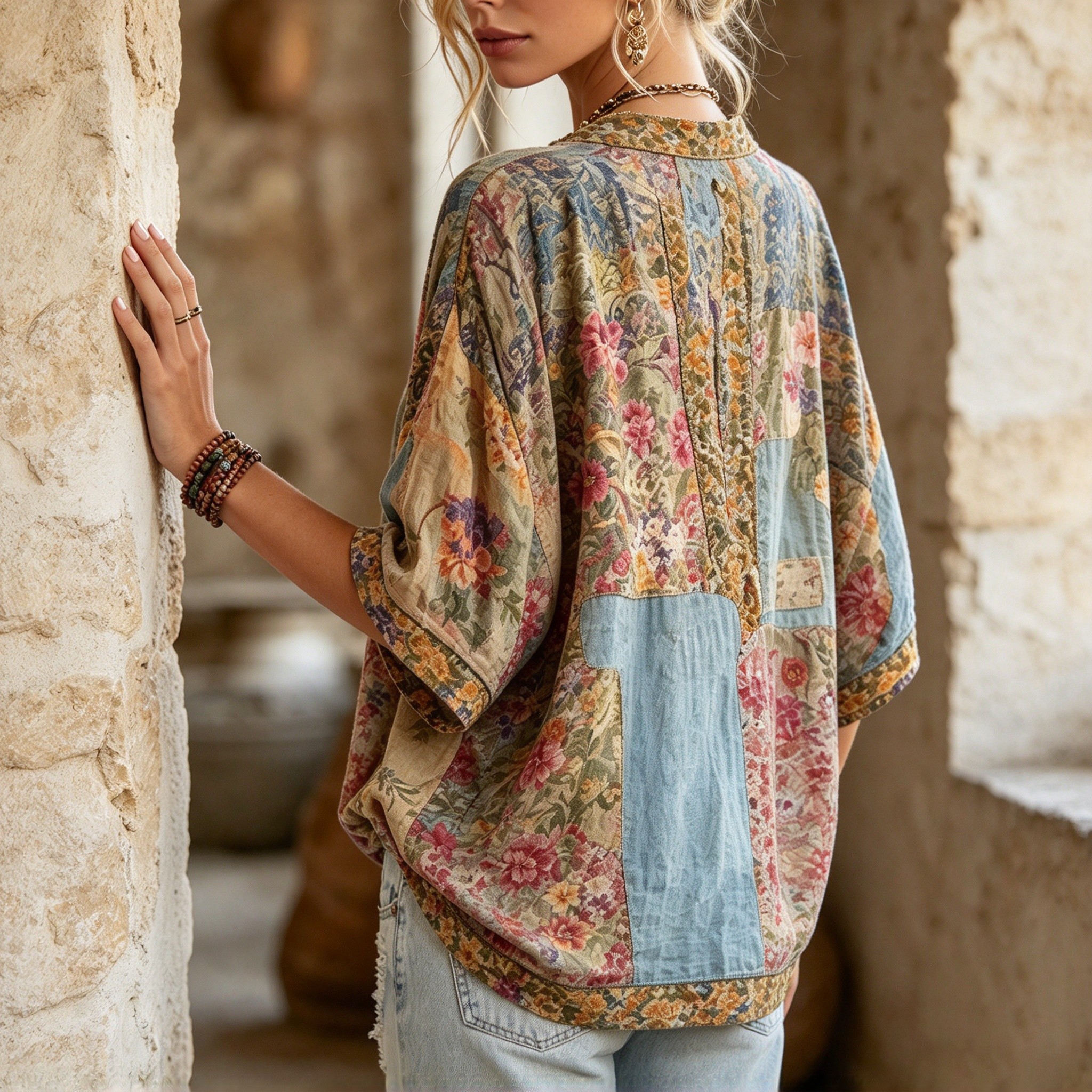 Camicetta tessuta con maniche a pipistrello corta con scollo a V patchwork floreale Boho da donna Top casual ampio
