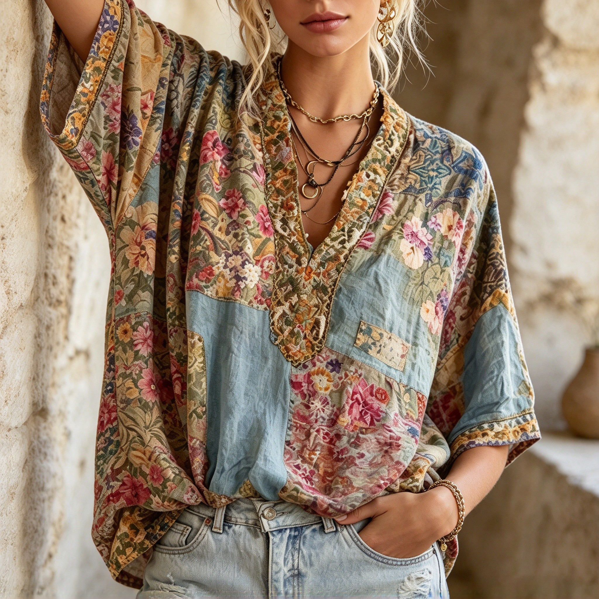 Camicetta tessuta con maniche a pipistrello corta con scollo a V patchwork floreale Boho da donna Top casual ampio