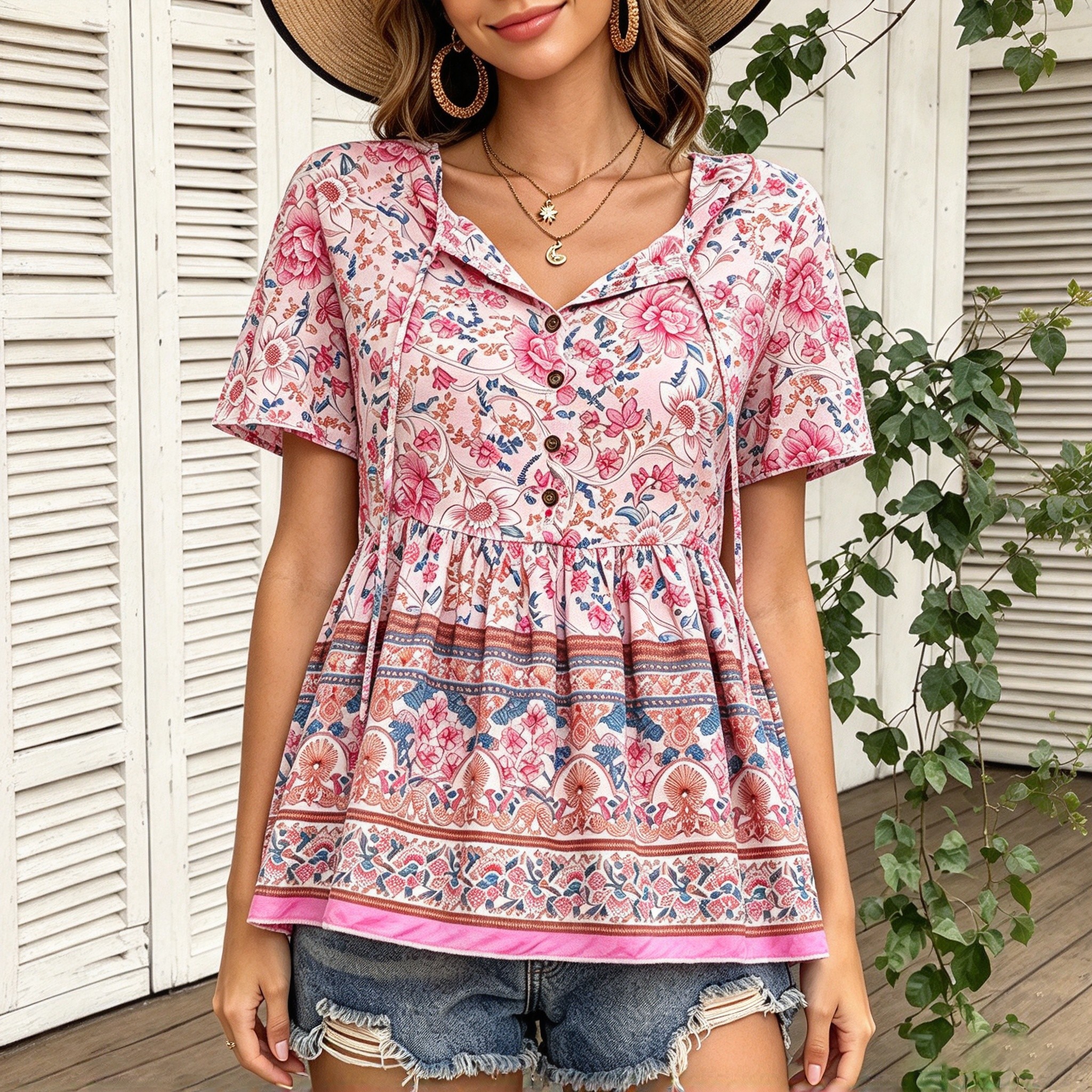 Women Boho Floral Print Short Sleeve Peplum Blouse V Neck Button Down Woven Casual Tunic