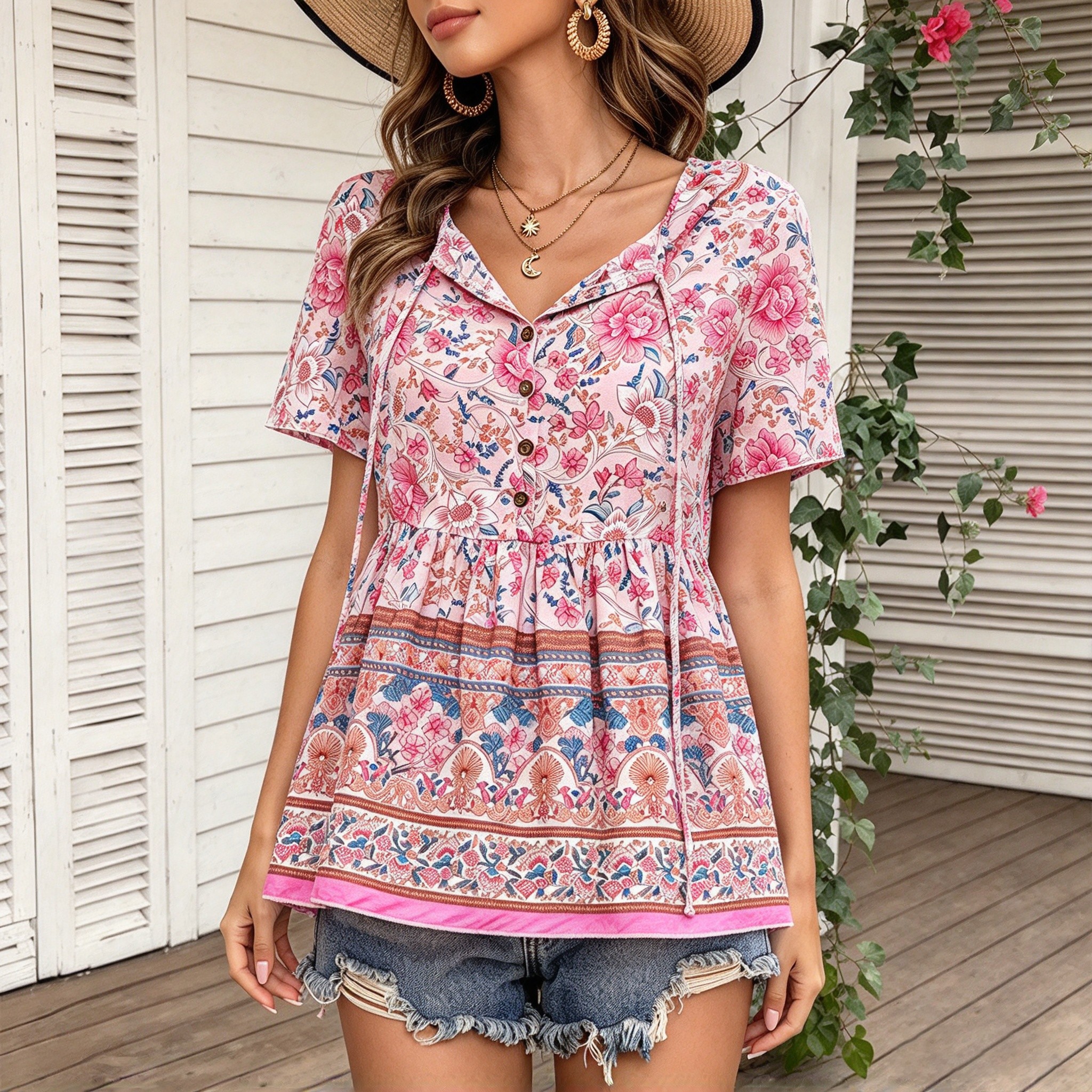 Women Boho Floral Print Short Sleeve Peplum Blouse V Neck Button Down Woven Casual Tunic