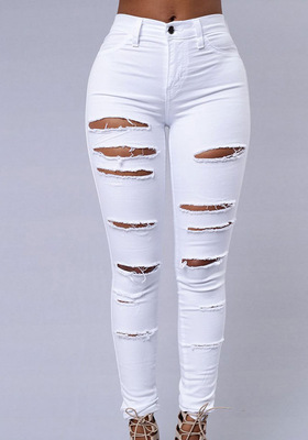 Women Casual Hole Jeans High Waist Skinny Pant Pencil Jeans Ripped Sexy Female Girls
