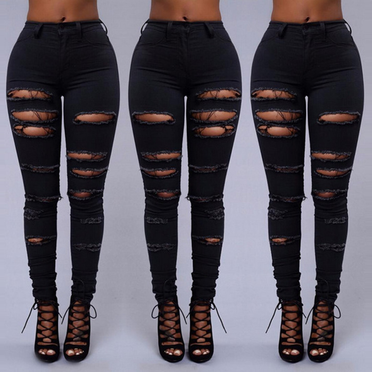 Women Casual Hole Jeans High Waist Skinny Pant Pencil Jeans Ripped Sexy Female Girls