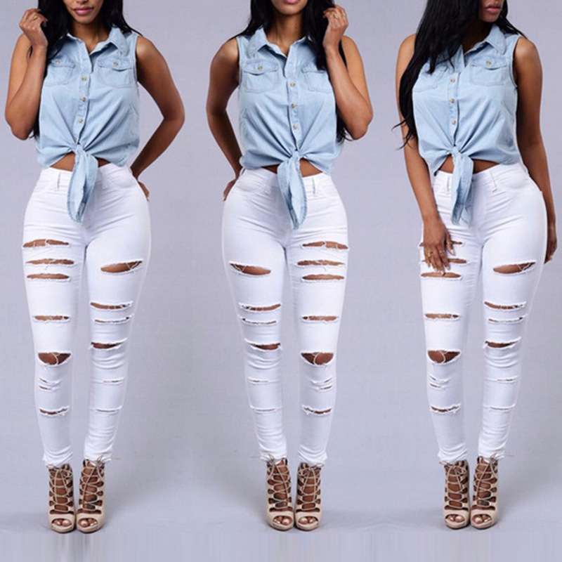 Women Casual Hole Jeans High Waist Skinny Pant Pencil Jeans Ripped Sexy Female Girls