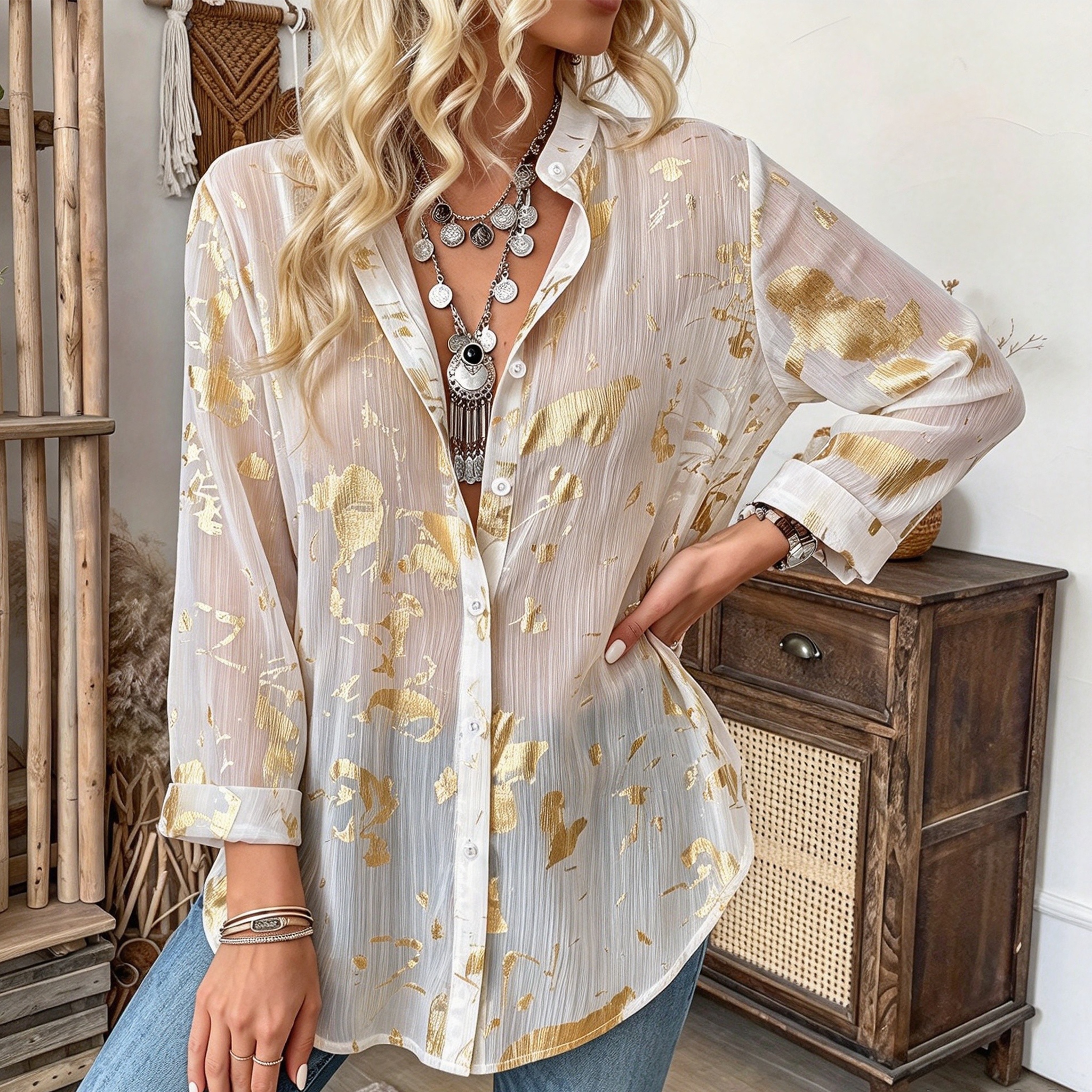 Women Collared Button Down Shirt Metallic Gold Floral Print Roll Tab Sleeve Loose Blouse