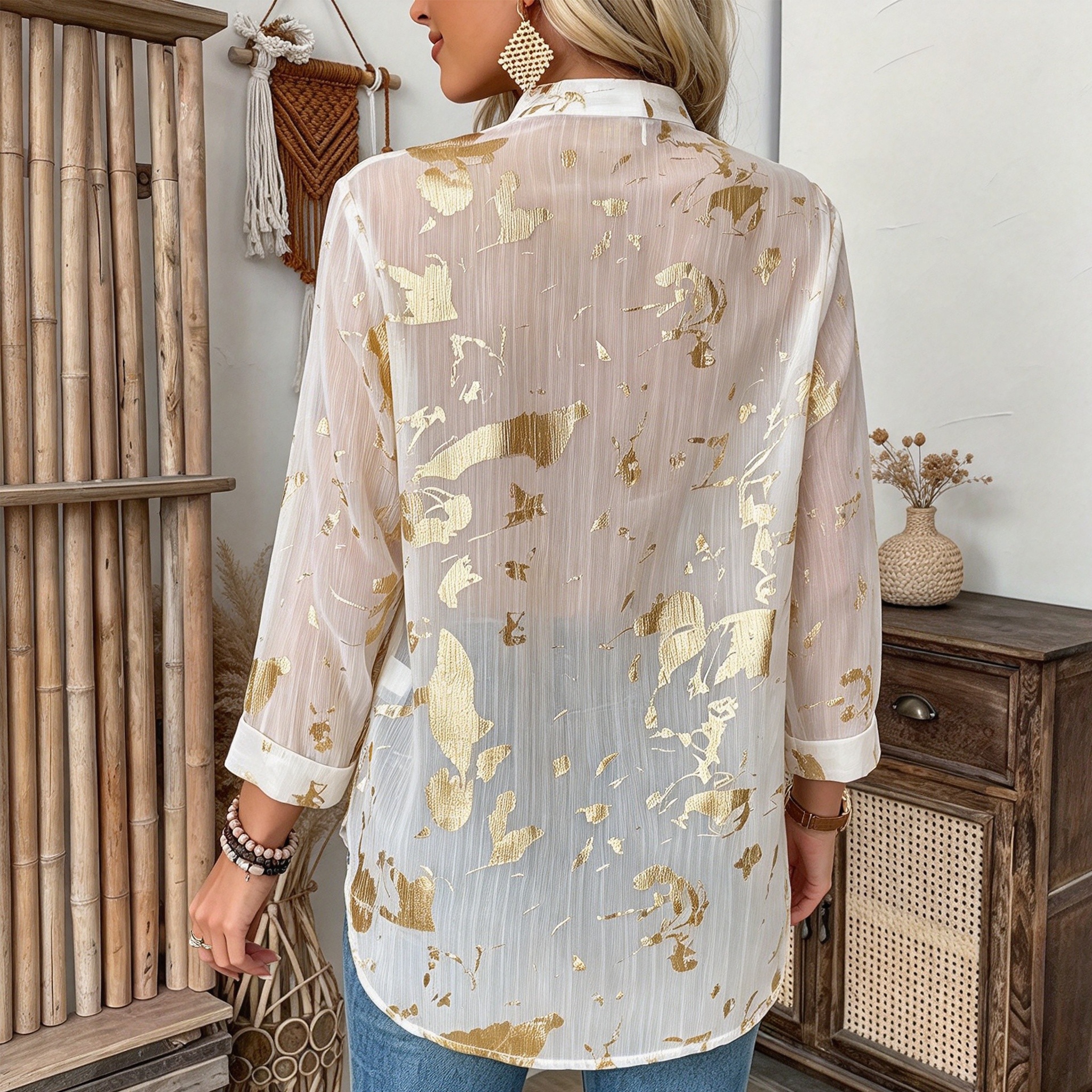 Women Collared Button Down Shirt Metallic Gold Floral Print Roll Tab Sleeve Loose Blouse