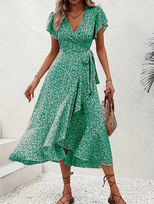 Women Ditsy Floral V Neck Wrap Dress Short Sleeve Side Tie Bohemian Flowy Maxi Dress Beach