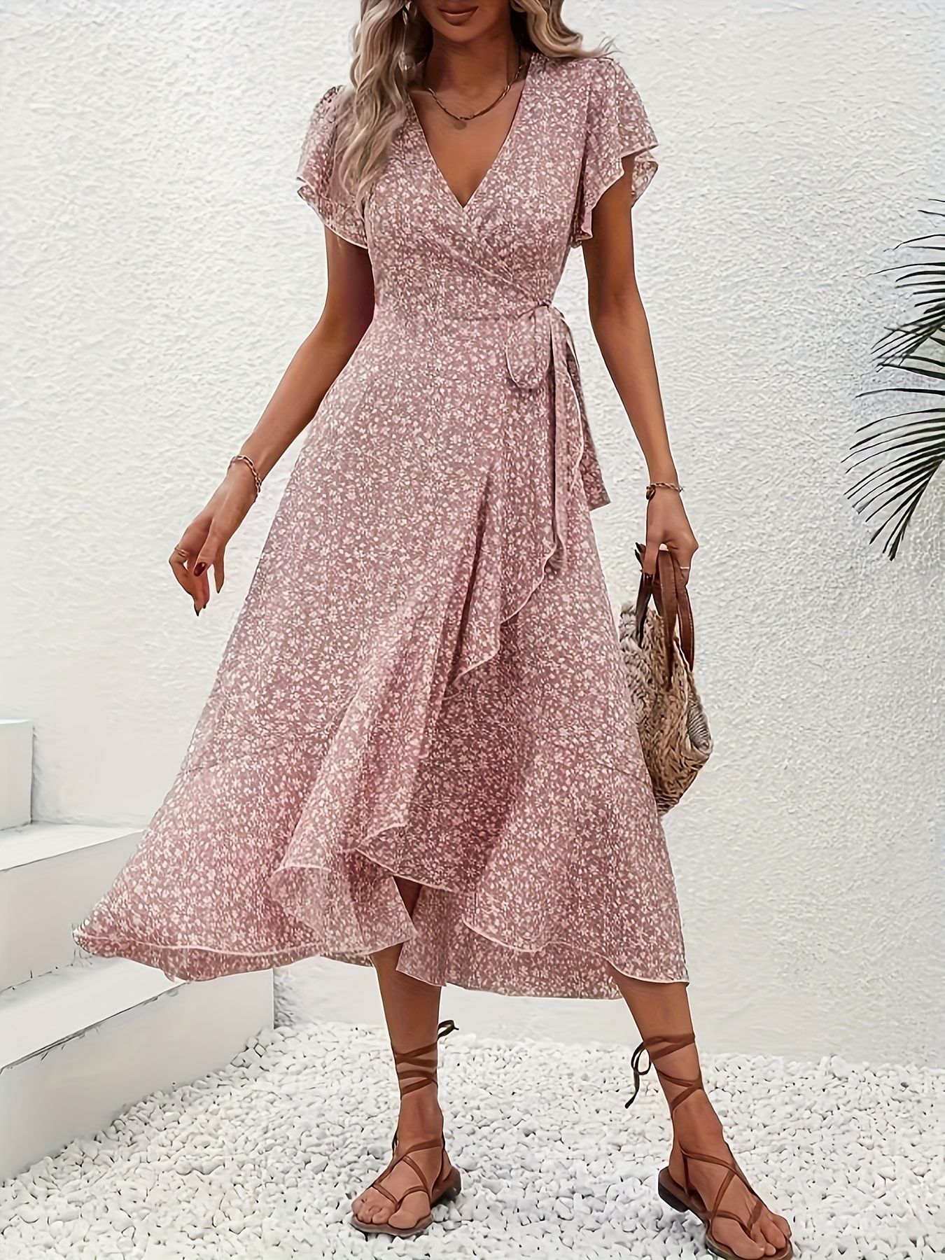 Women Ditsy Floral V Neck Wrap Dress Short Sleeve Side Tie Bohemian Flowy Maxi Dress Beach