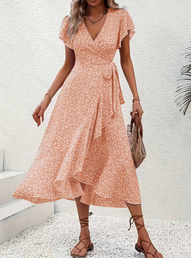 Women Ditsy Floral V Neck Wrap Dress Short Sleeve Side Tie Bohemian Flowy Maxi Dress Beach