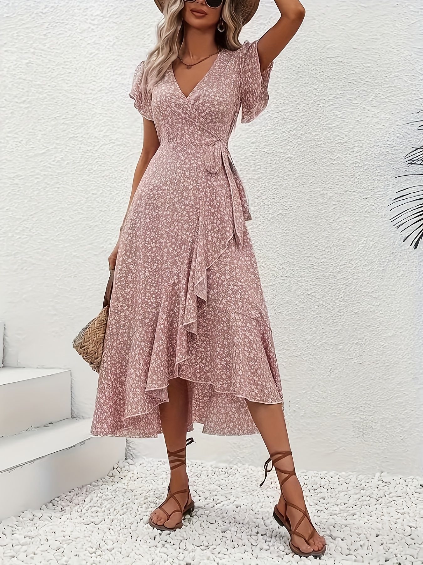 Women Ditsy Floral V Neck Wrap Dress Short Sleeve Side Tie Bohemian Flowy Maxi Dress Beach