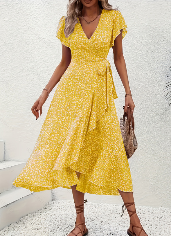 Women Ditsy Floral V Neck Wrap Dress Short Sleeve Side Tie Bohemian Flowy Maxi Dress Beach