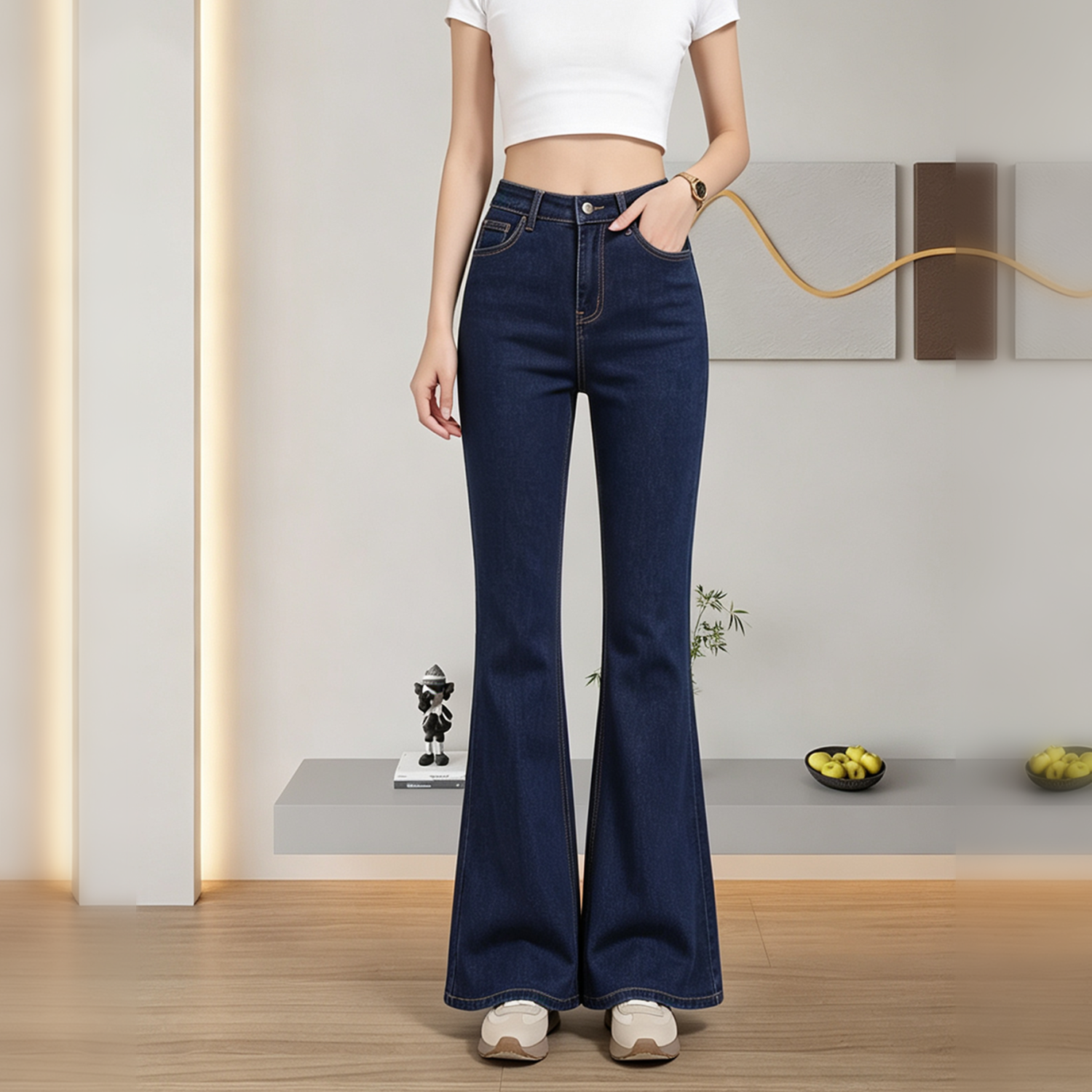 Women High Waist Dark Blue Solid Flare Jeans, Classic Washed Stretch Denim Bell Bottom
