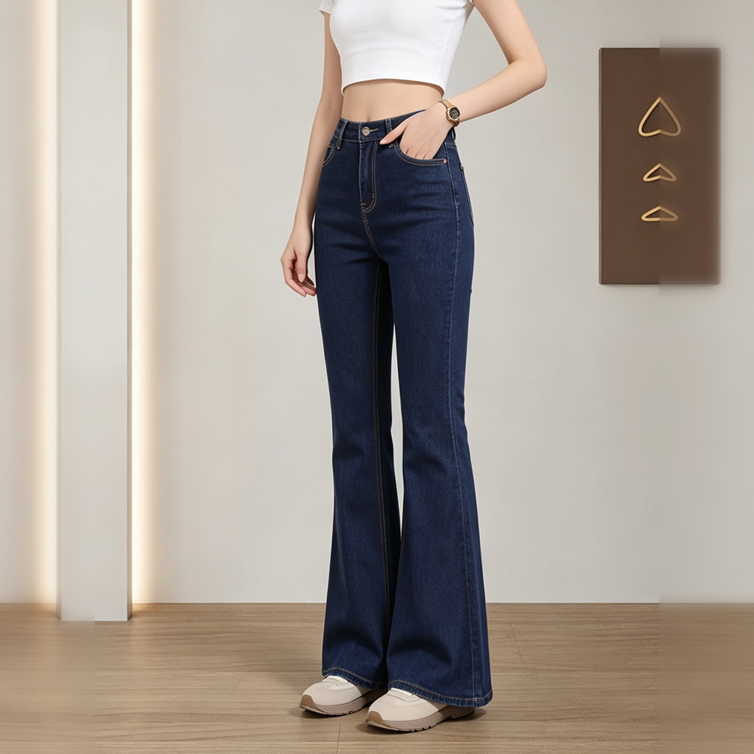 Women High Waist Dark Blue Solid Flare Jeans, Classic Washed Stretch Denim Bell Bottom