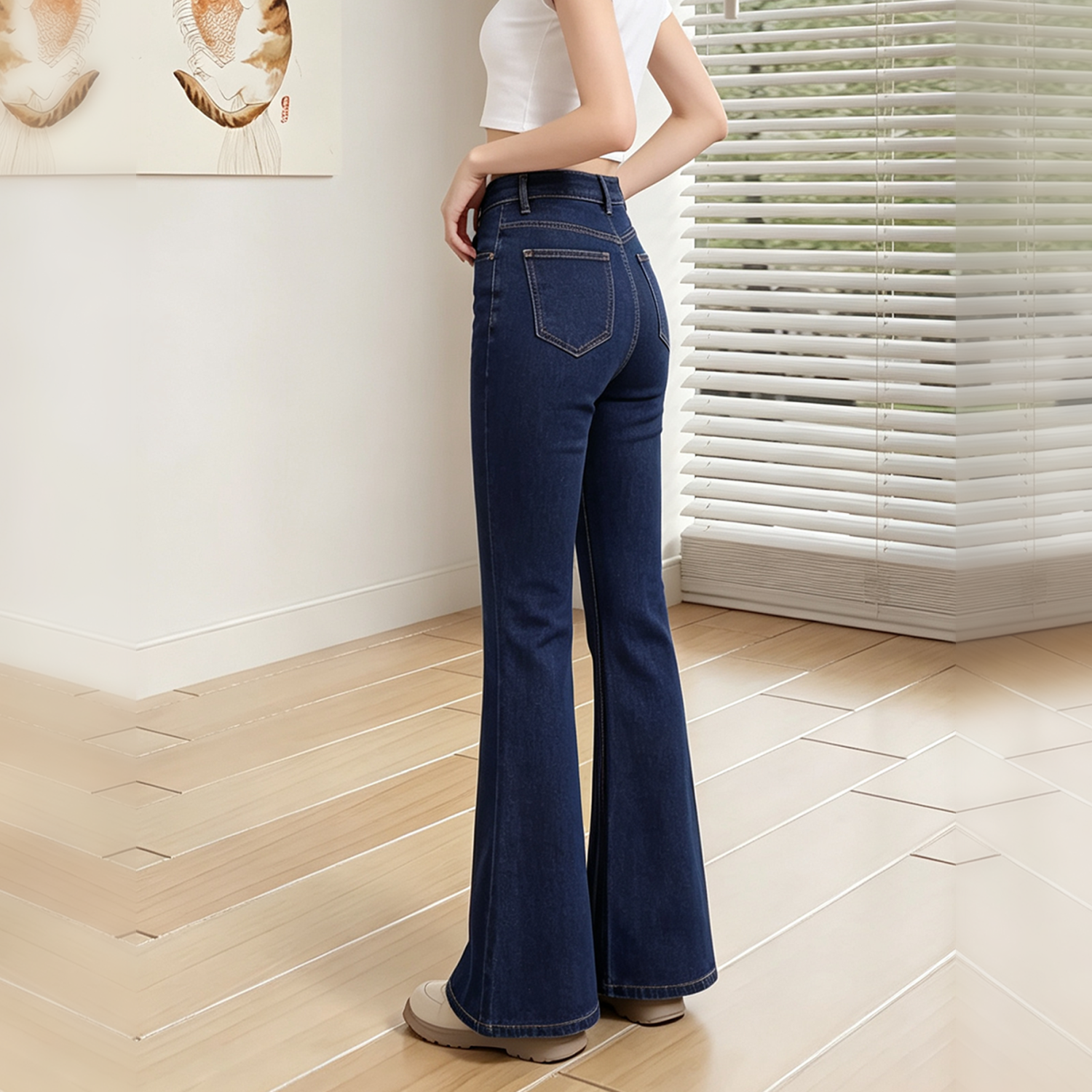 Women High Waist Dark Blue Solid Flare Jeans, Classic Washed Stretch Denim Bell Bottom