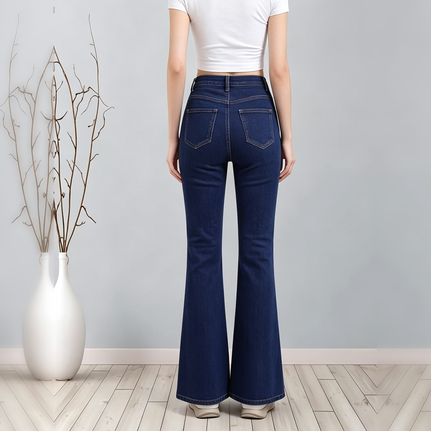 Women High Waist Dark Blue Solid Flare Jeans, Classic Washed Stretch Denim Bell Bottom