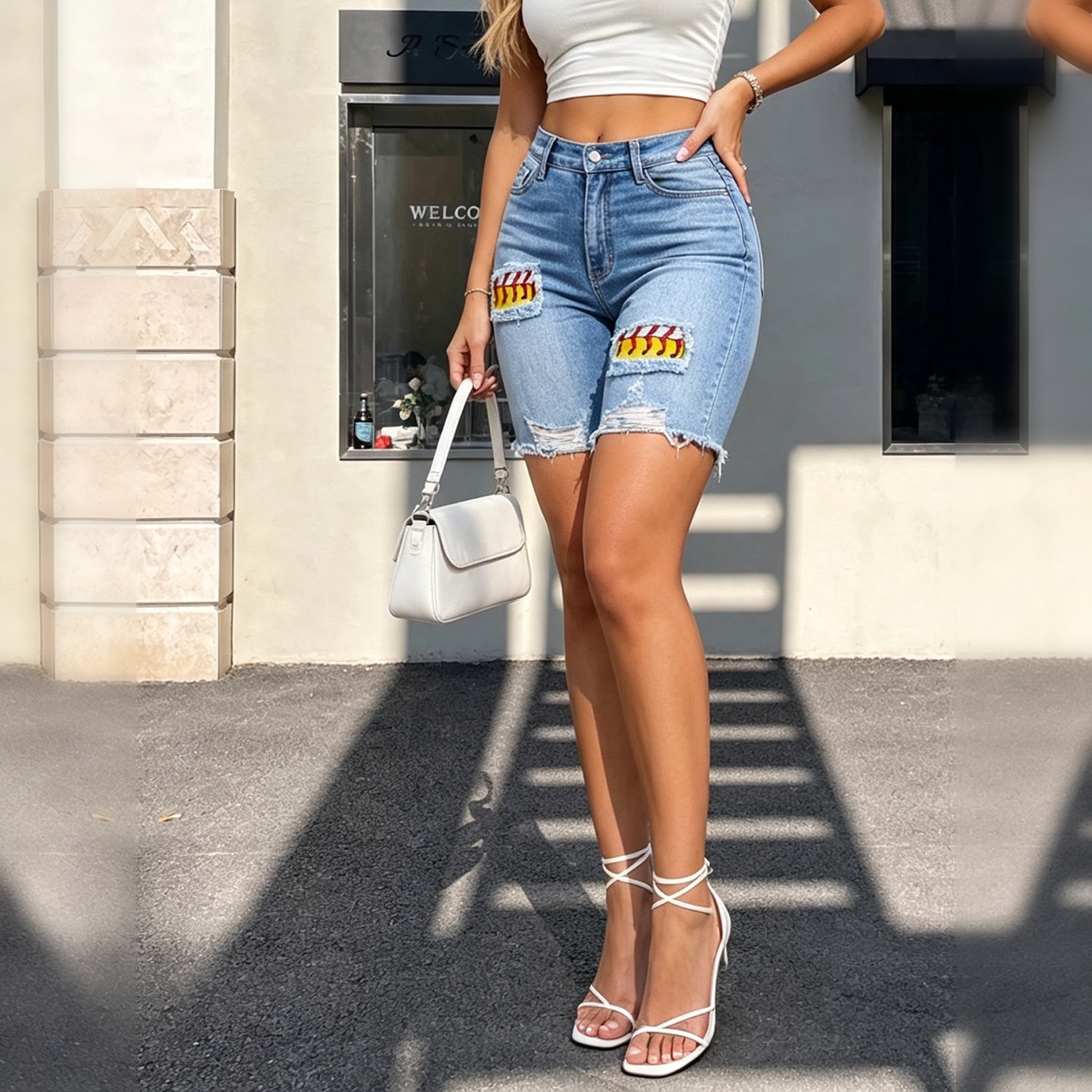 Women High Waist Graphic Patch Denim Bermuda Shorts, Distressed Frayed Raw Hem Knee‑Length