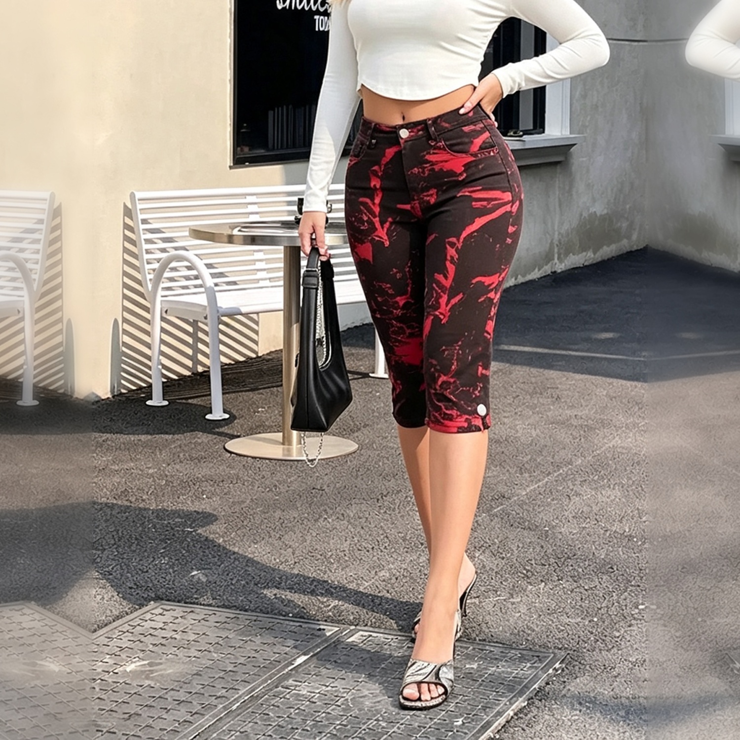 Women High Waist Red Black Tie‑Dye Print Capri Jeans, Button Cuff Cropped Denim Capri