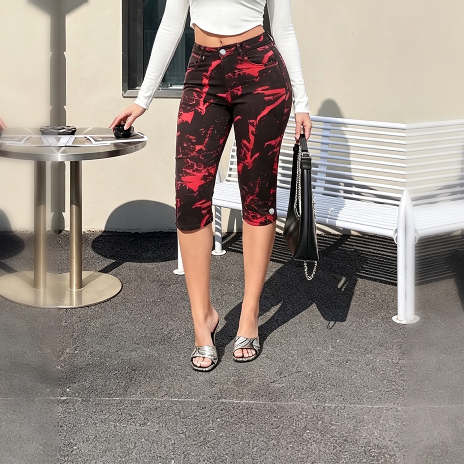 Women High Waist Red Black Tie‑Dye Print Capri Jeans, Button Cuff Cropped Denim Capri