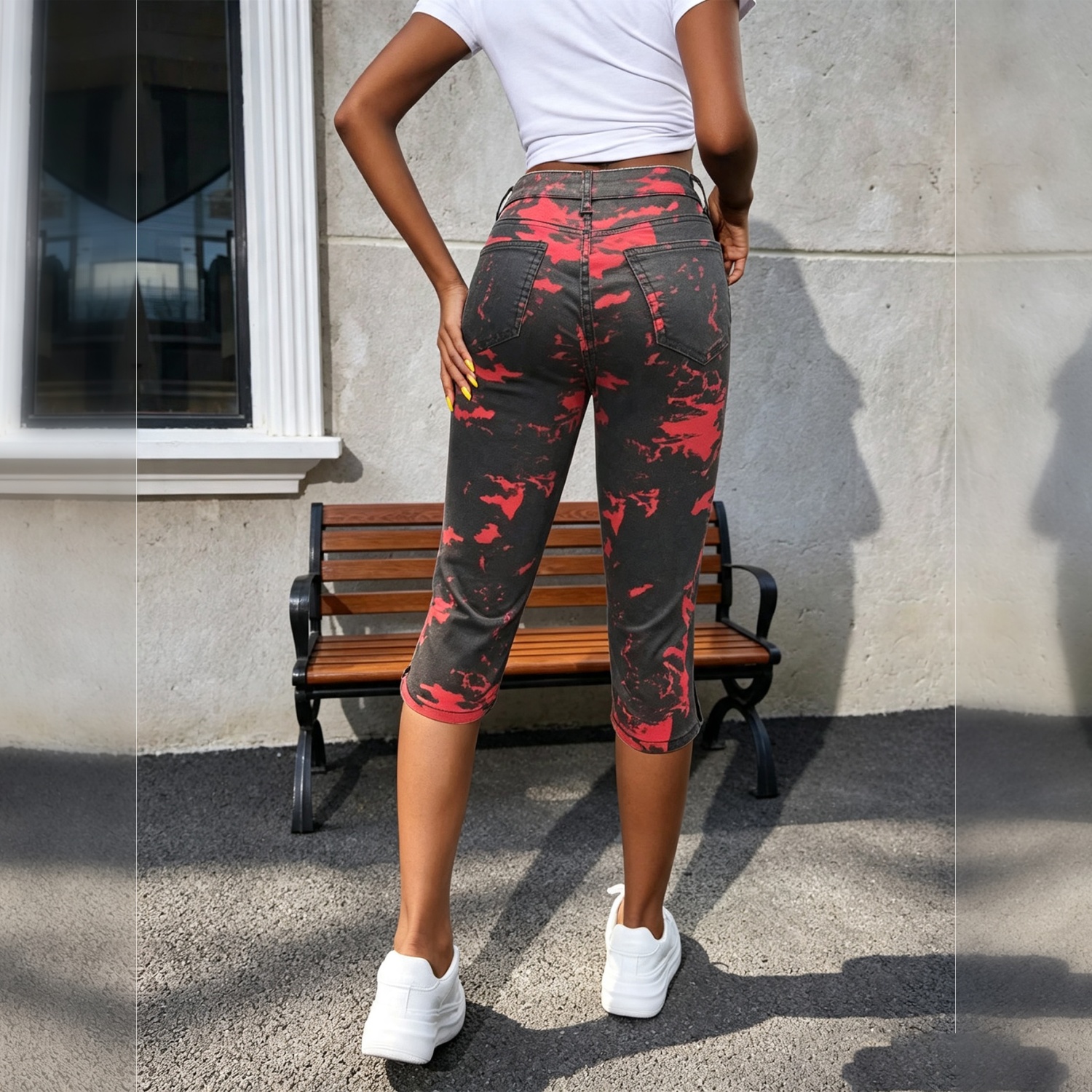 Women High Waist Red Black Tie‑Dye Print Capri Jeans, Button Cuff Cropped Denim Capri