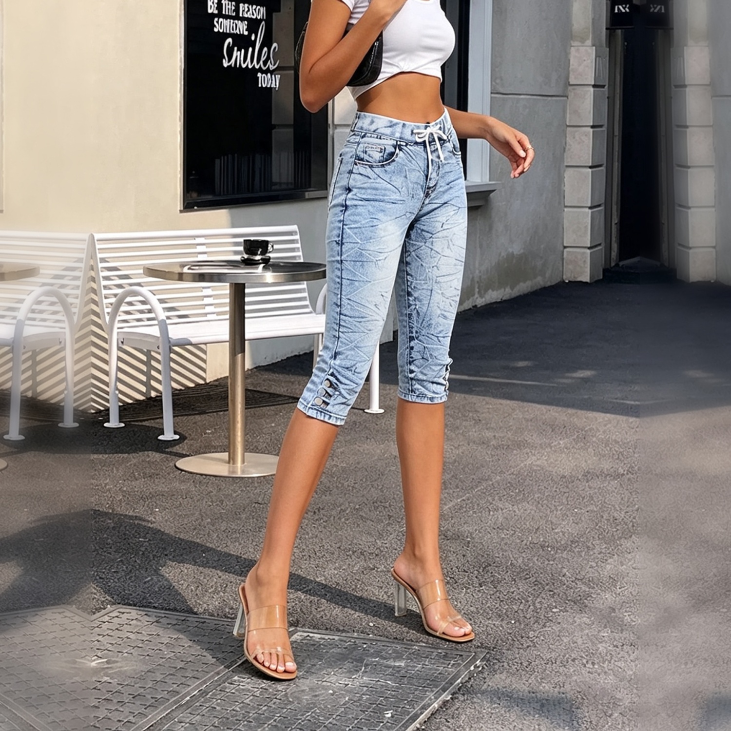 Women High Waist Snow Wash Drawstring Capri Jeans, Button Cuff Slim Cropped Denim Pants