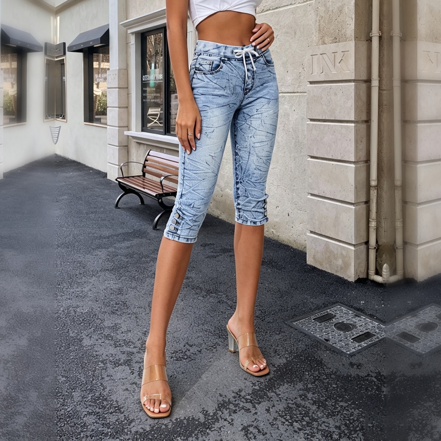 Women High Waist Snow Wash Drawstring Capri Jeans, Button Cuff Slim Cropped Denim Pants