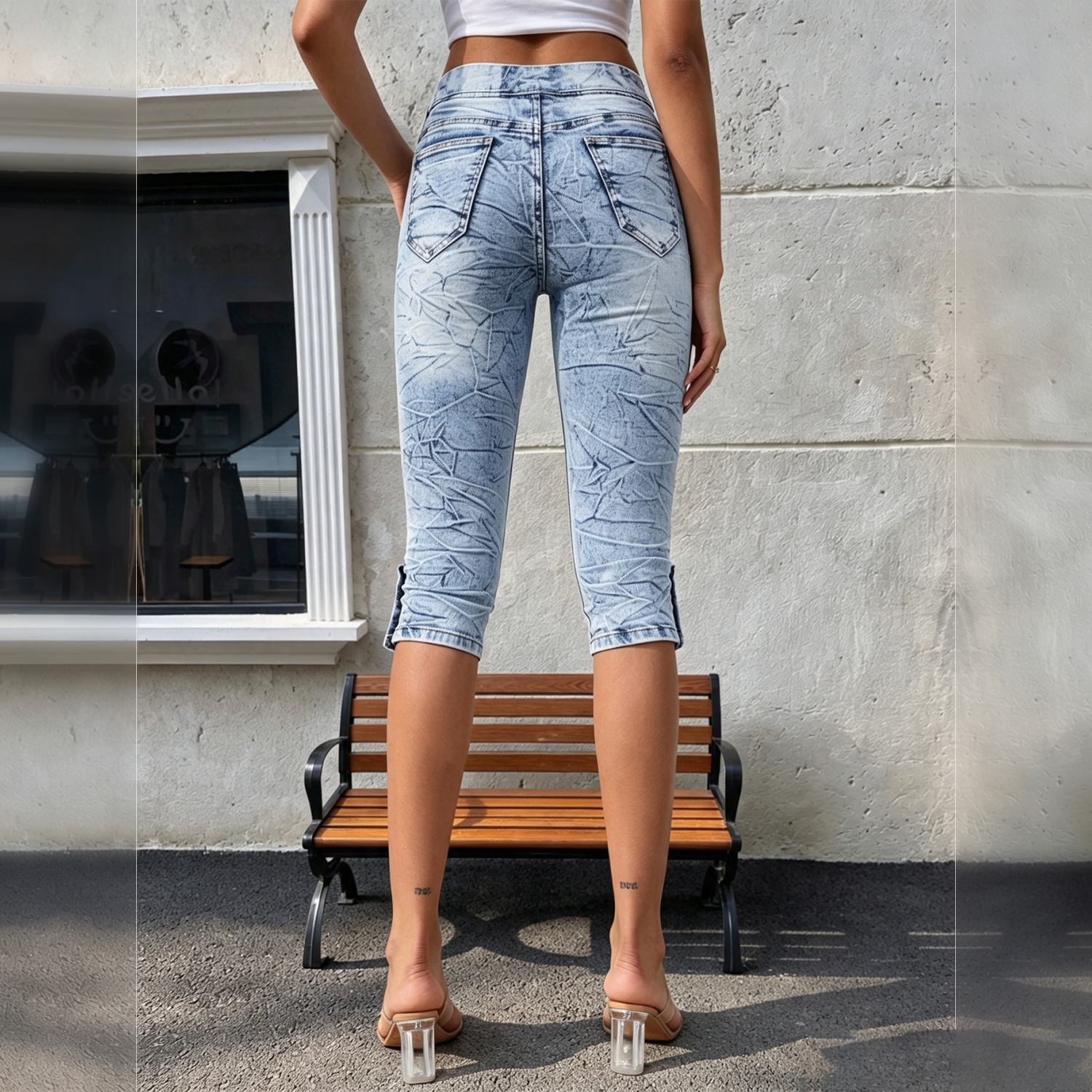 Women High Waist Snow Wash Drawstring Capri Jeans, Button Cuff Slim Cropped Denim Pants