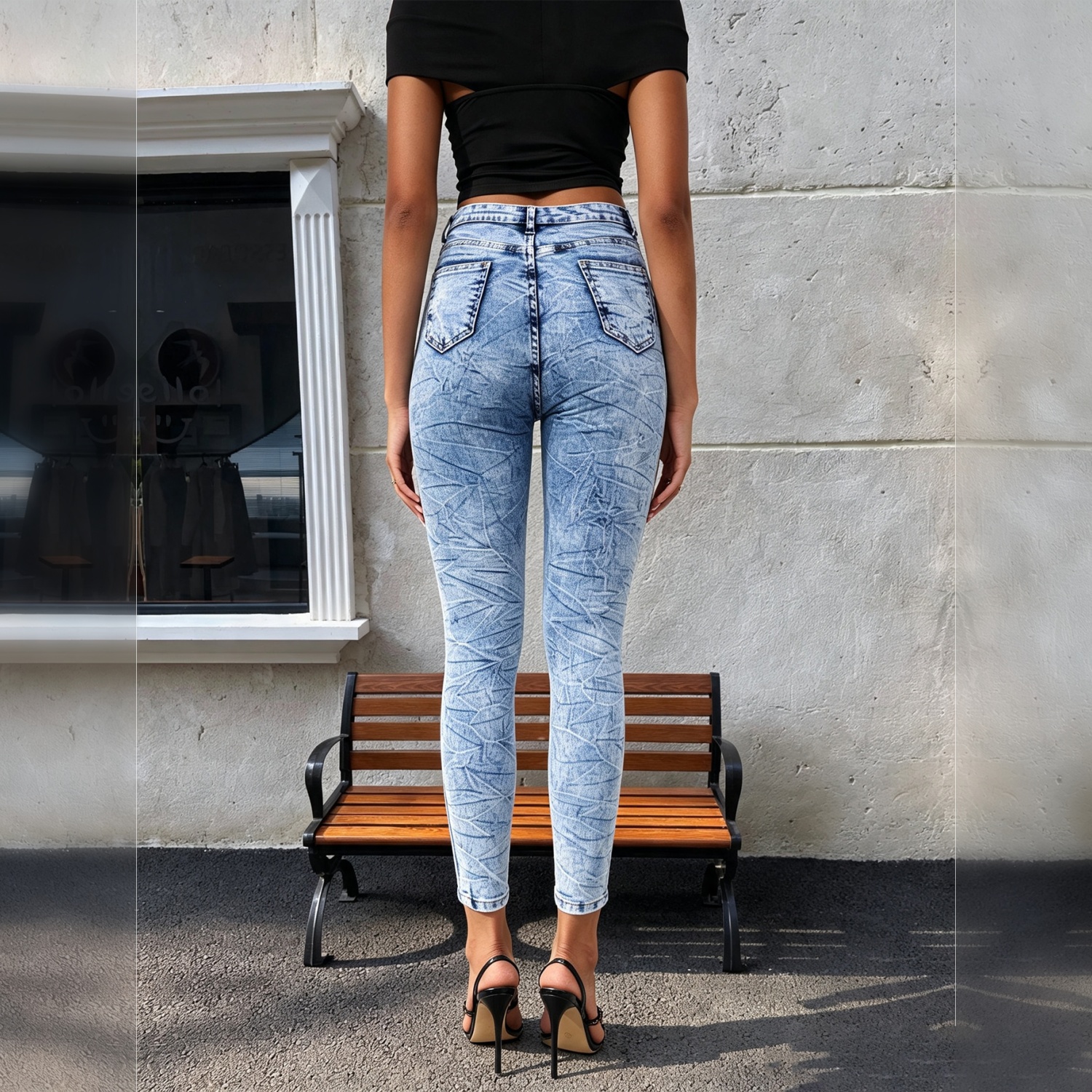 Women High Waist Snow Wash Skinny Jeans, Marble Acid Wash Ankle‑Length Slim Fit Denim