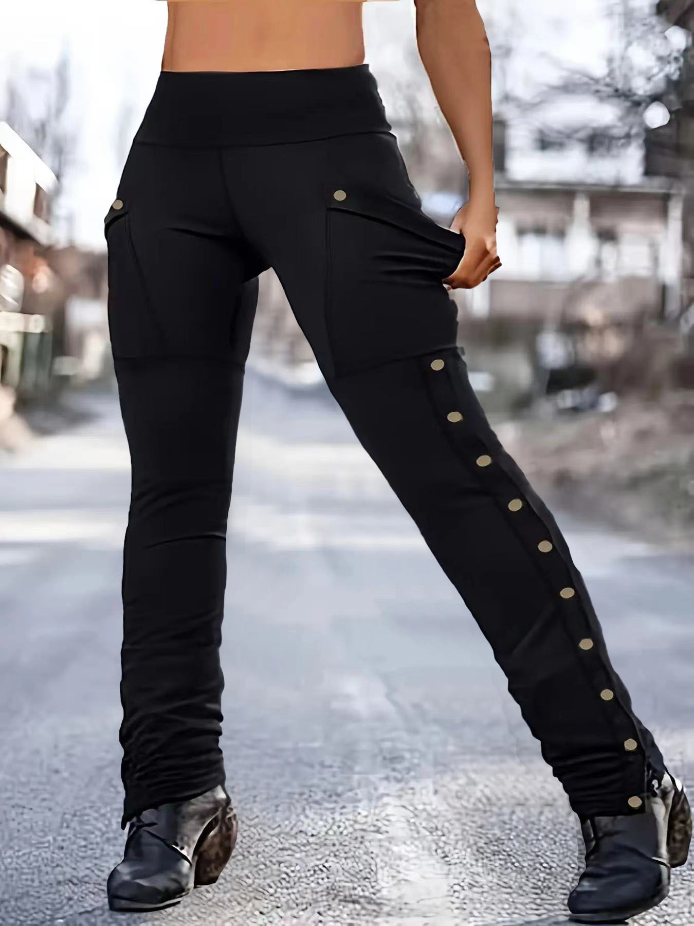 Women High Waist Stretch Cargo Pants Side Button Decor Flared Yoga Pants With Pockets