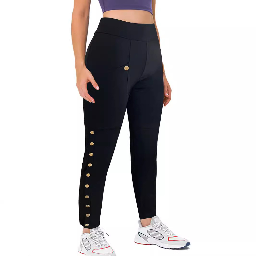 Women High Waist Stretch Cargo Pants Side Button Decor Flared Yoga Pants With Pockets