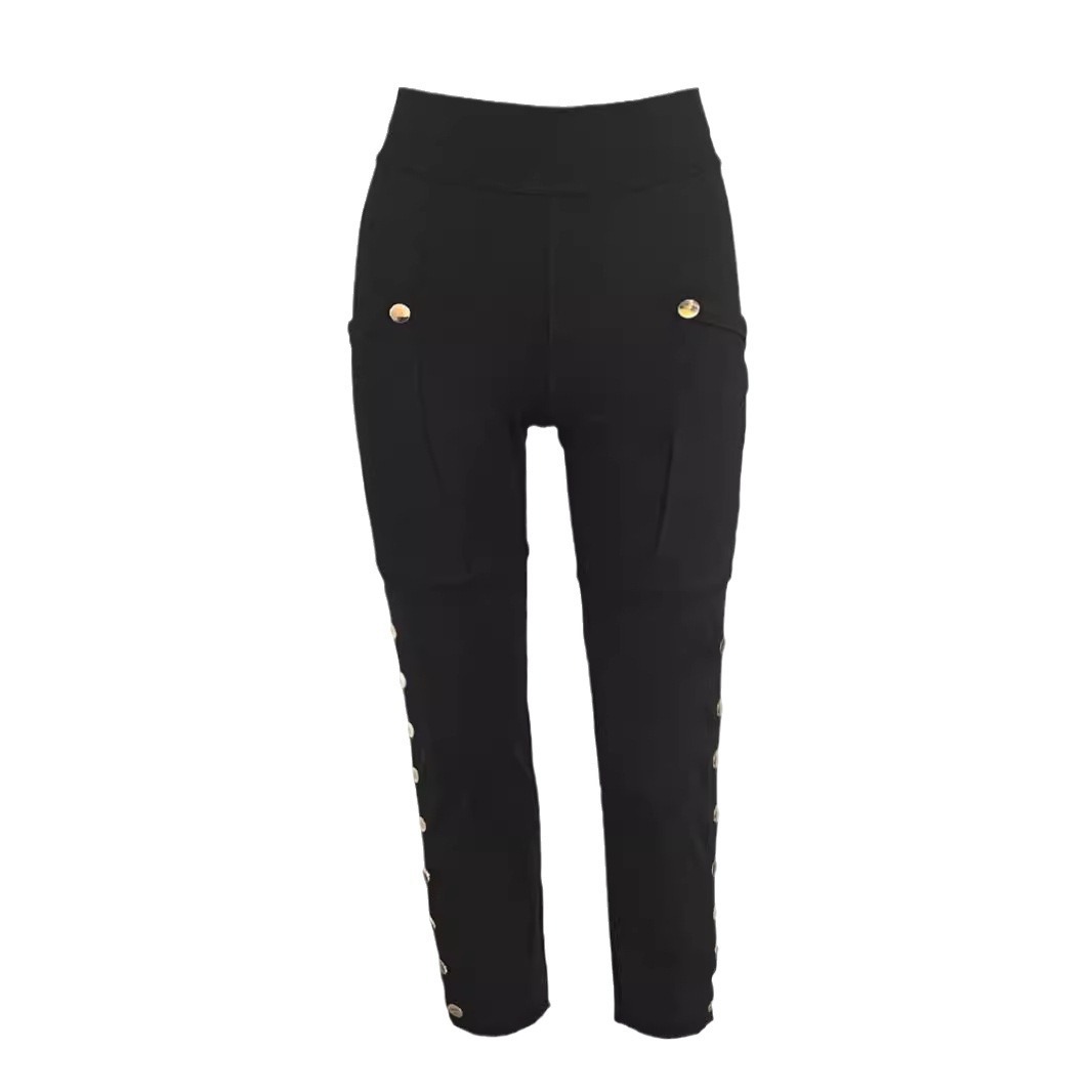Women High Waist Stretch Cargo Pants Side Button Decor Flared Yoga Pants With Pockets