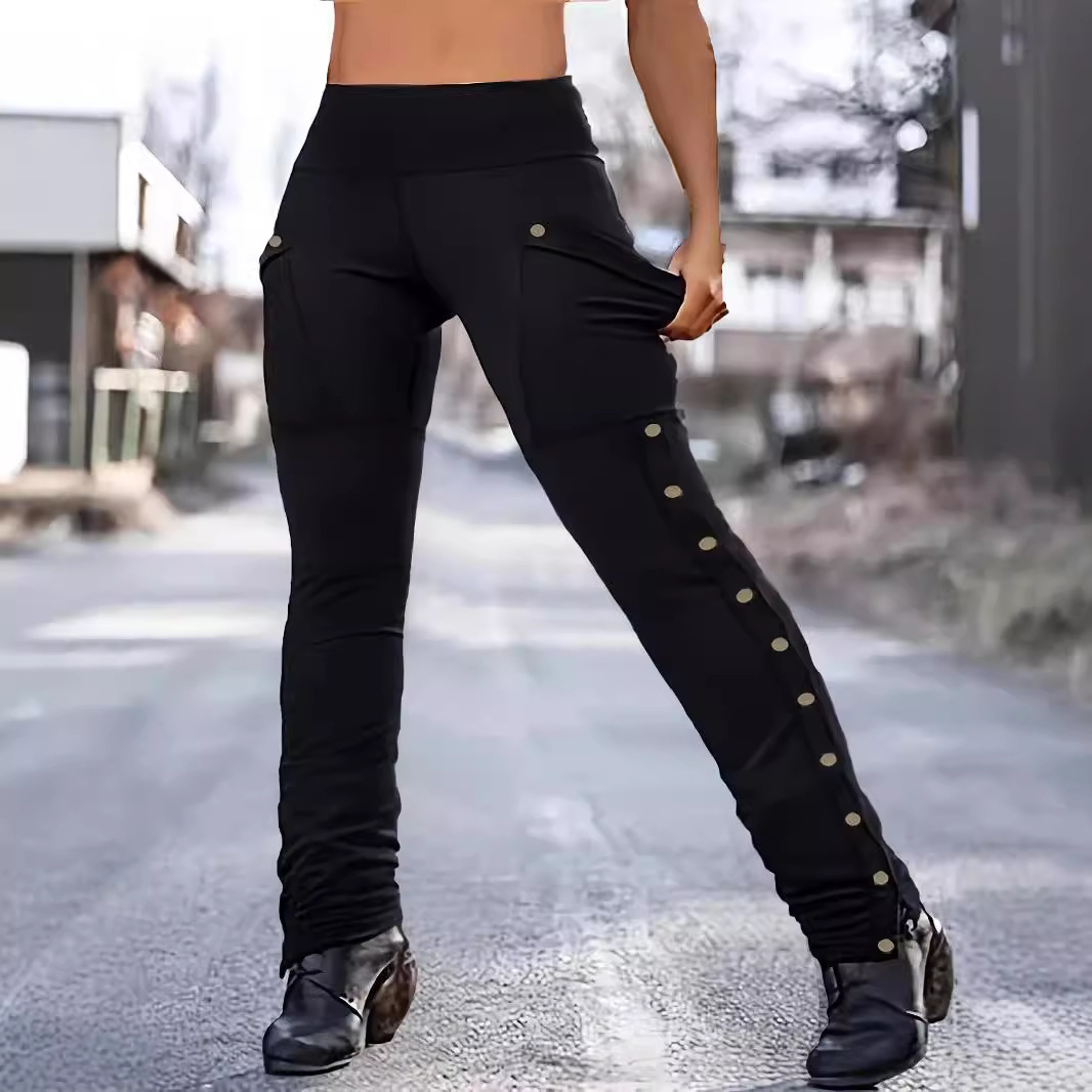 Women High Waist Stretch Cargo Pants Side Button Decor Flared Yoga Pants With Pockets