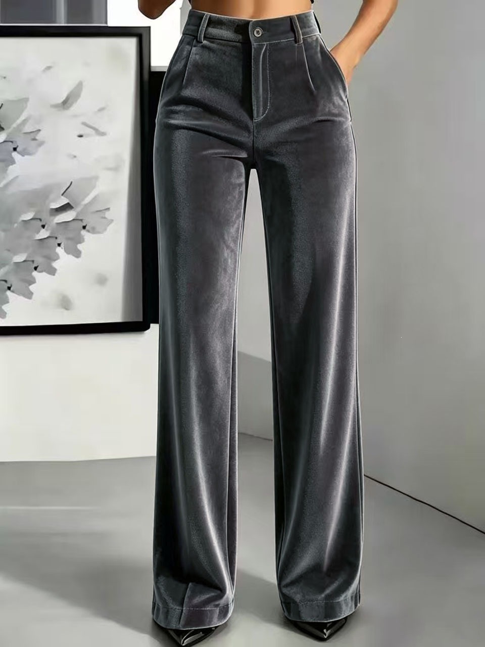 Women High Waist Velvet Wide Leg Pants Elegant Solid Color Straight Trousers Casual Office