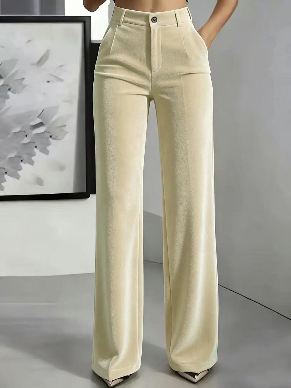 Women High Waist Velvet Wide Leg Pants Elegant Solid Color Straight Trousers Casual Office